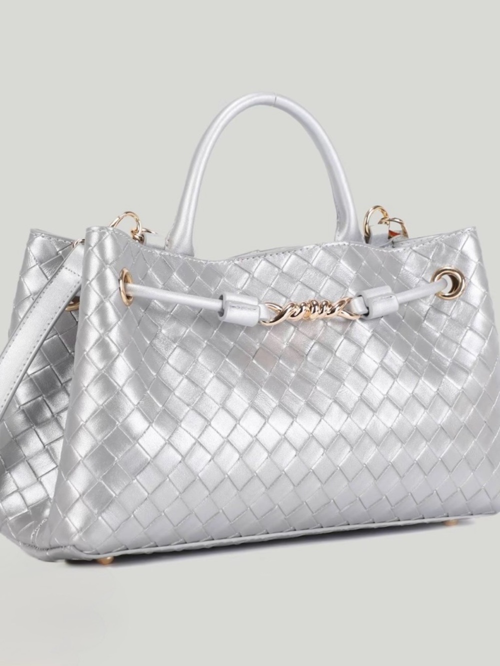 Silver Woven Leather Tote Handbag